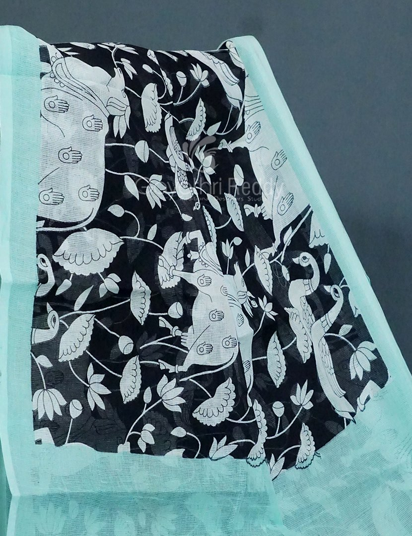 Shades of Black And Mint Green With Pichwai Print Munga Cotton Saree By Gayathri Reddy Designer Studio | Swadesiicart