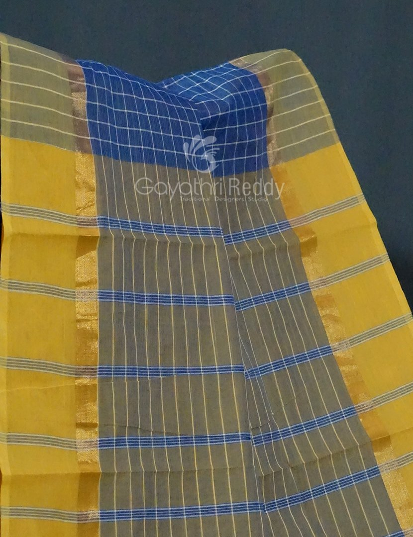 Denim Blue With Checks Pure Mangalgiri Cotton Saree By Gayathri Reddy Designer Studio | Swadesiicart