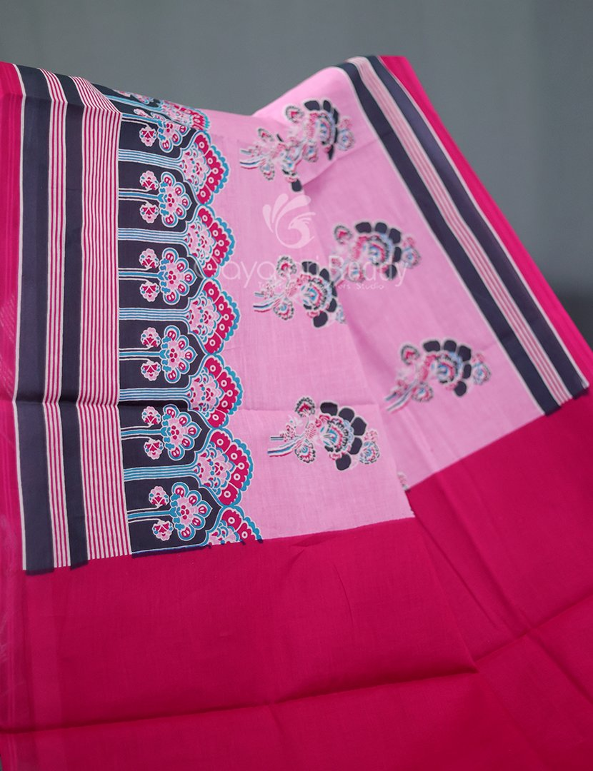 Block Print Baby Pink Combo Mulmul Cotton Saree By Gayathri Reddy Designer Studio | Swadesiicart