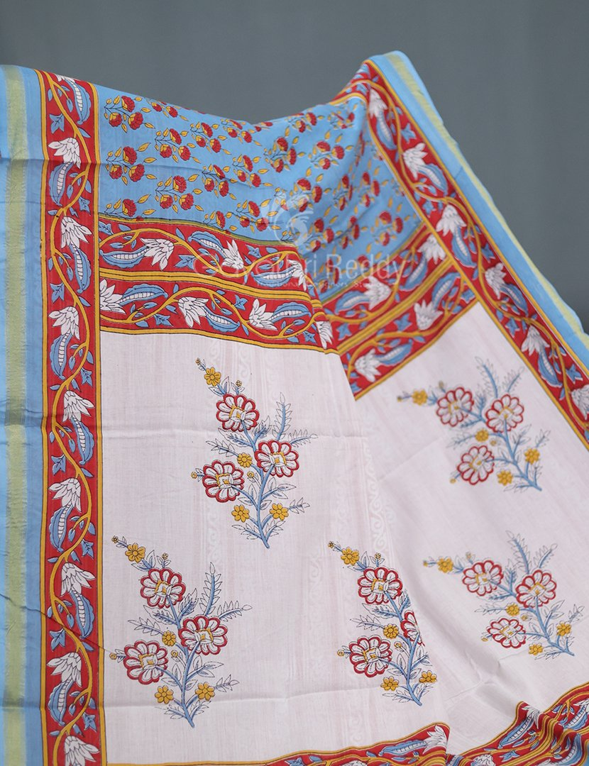 Shades of Blue Combination Printed Cotton Saree By Gayathri Reddy Designer Studio | Swadesiicart