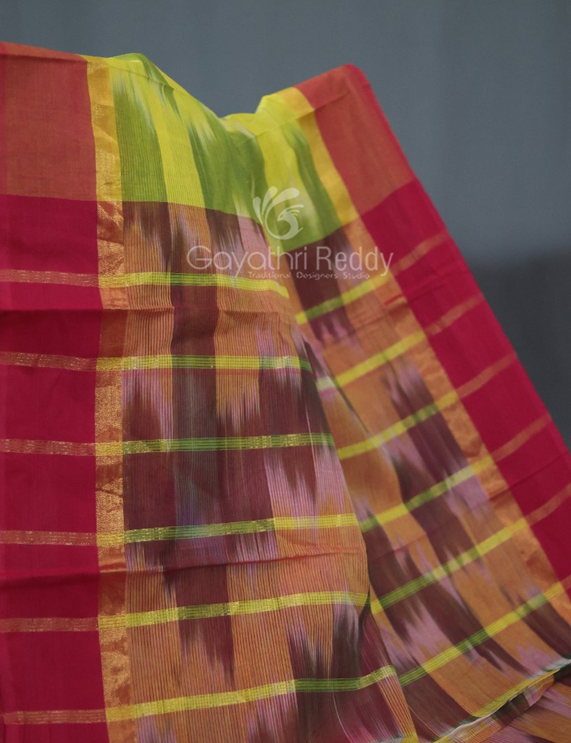 Dual Shades of Lime Green Mangalagiri Ikkat Cotton Saree By Gayathri Reddy Designer Studio | Swadesiicart