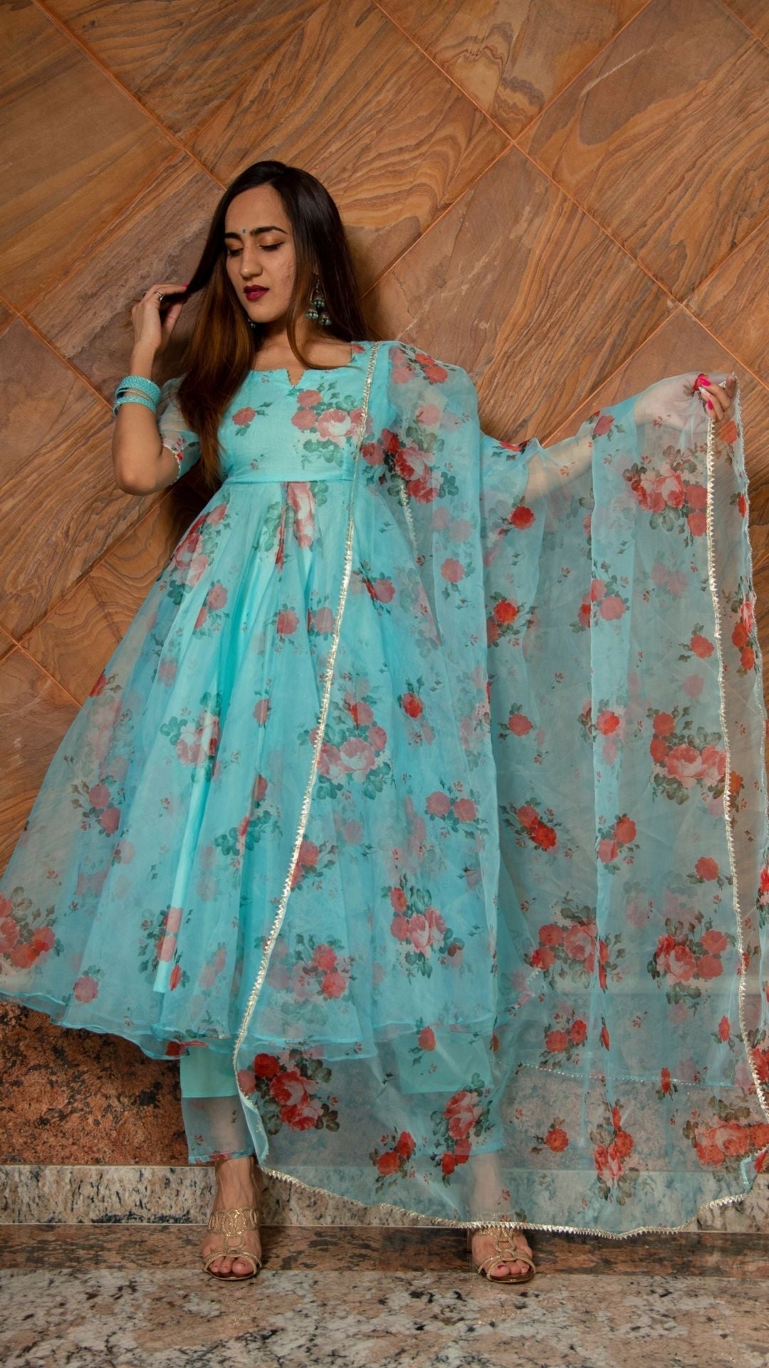 Pomcha Jaipur Blue And Red Floral Organza Anarkali Set | Swadesiicart