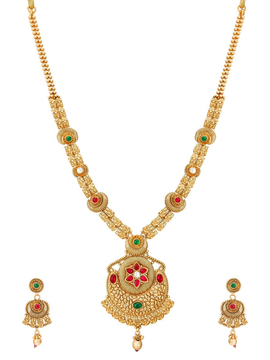 Aadita Gold-Polished & Red e Studded Jewellery Set - Swadesiicart
