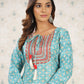 Ode by House of Pataudi Sea Green Ethnic Printed Tie-Up Neck Gotta Patti Straight Kurta - Swadesiicart