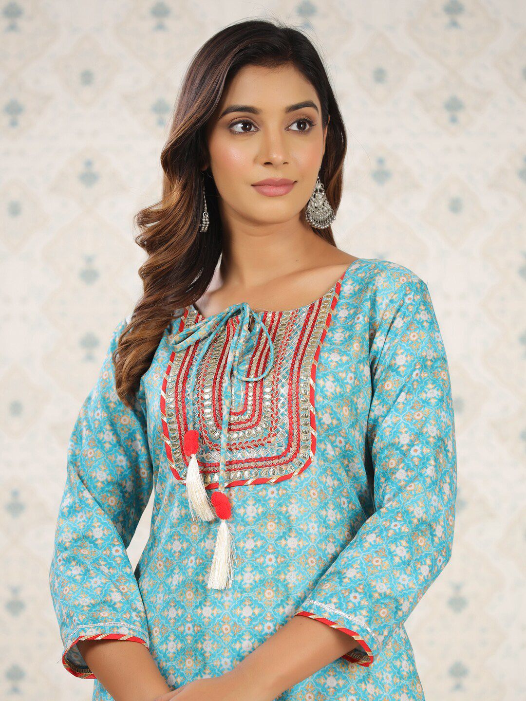 Ode by House of Pataudi Sea Green Ethnic Printed Tie-Up Neck Gotta Patti Straight Kurta - Swadesiicart