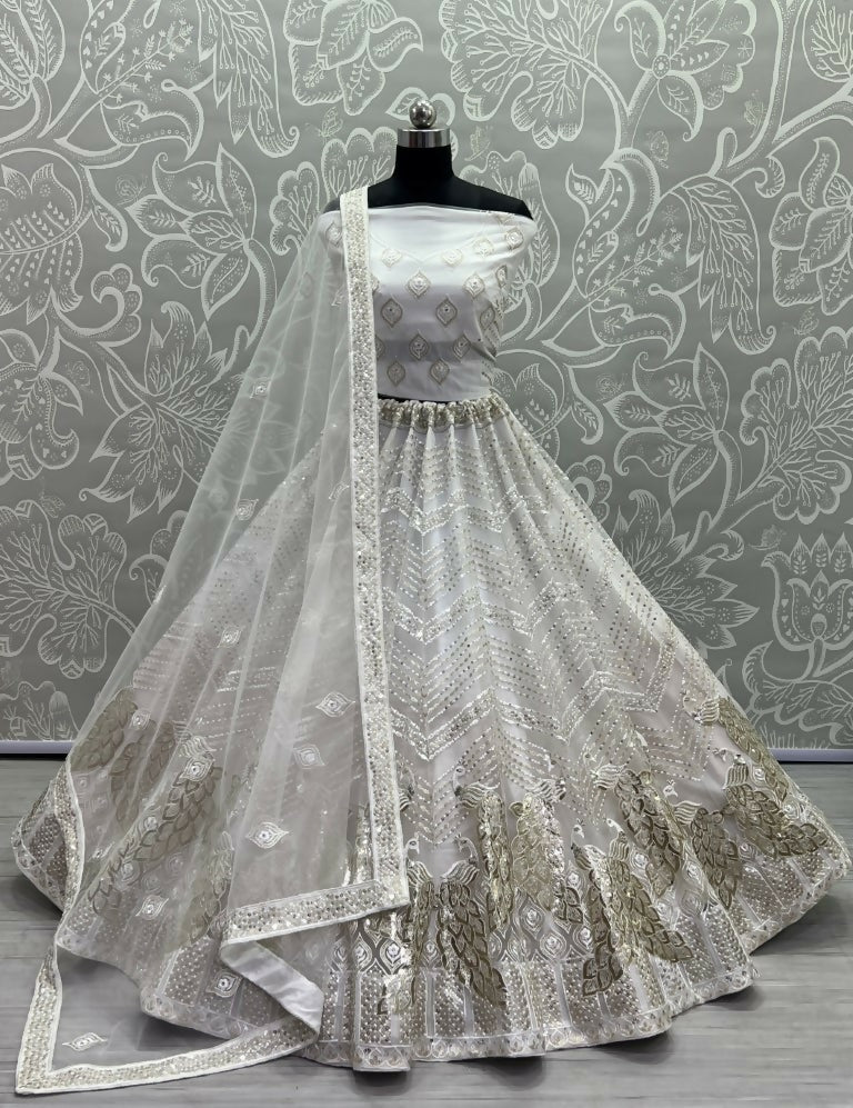 Jyoti Fashion Women's White Bridal Net Fancy Foil & Sequins with Multi Thread Embroidered Wedding Lehenga Choli | Swadesiicart