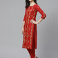 ADA Women Red & Beige Paisley Chikankari Embroidered Sustainable Handloom Kurta with Trousers | Swadesiicart