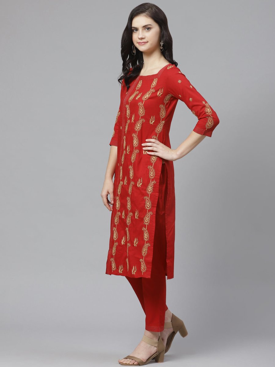 ADA Women Red & Beige Paisley Chikankari Embroidered Sustainable Handloom Kurta with Trousers | Swadesiicart