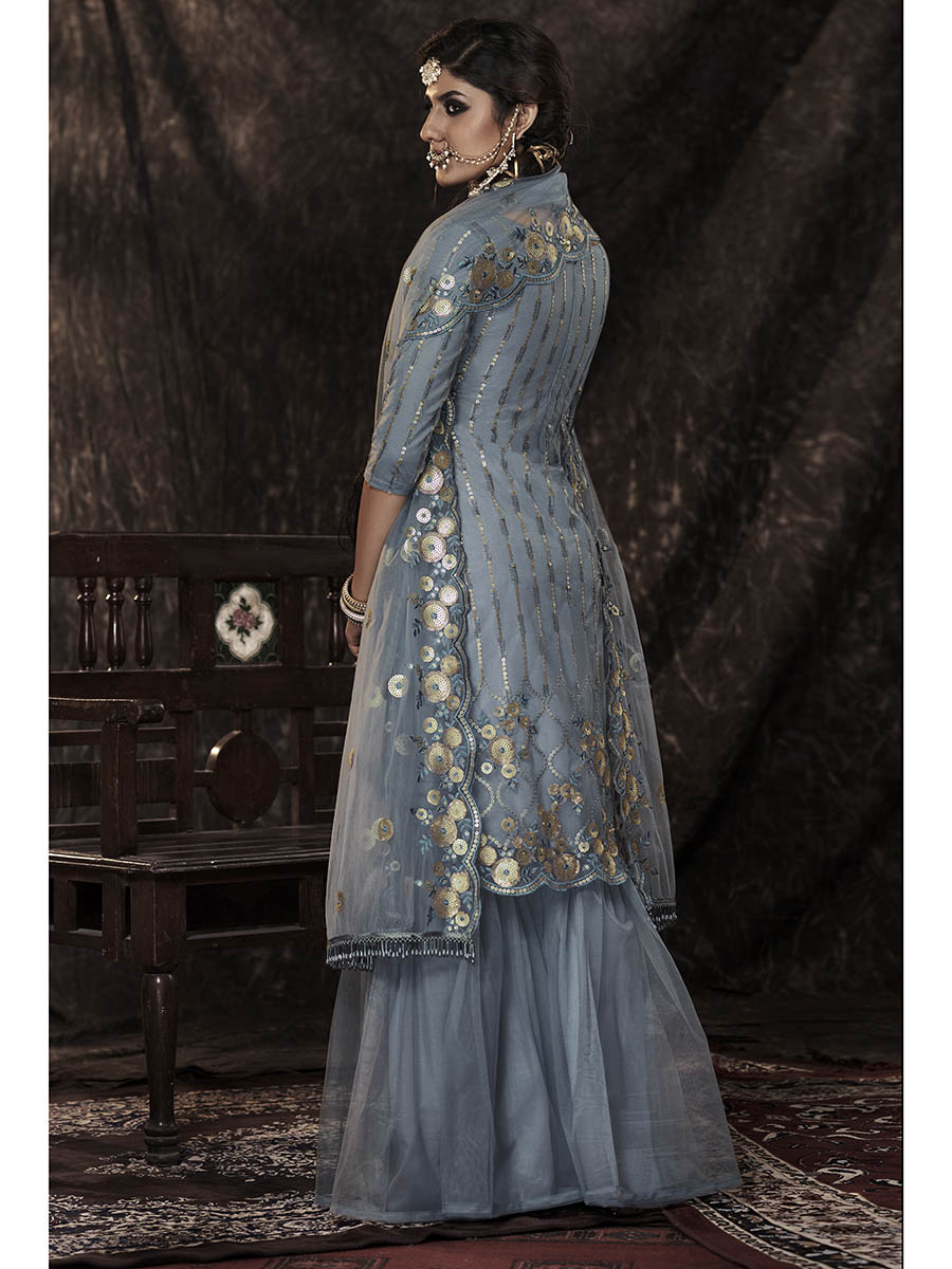 Myra Grey Net Embroidered Sharara Suit | Swadesiicart