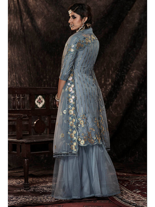 Myra Grey Net Embroidered Sharara Suit | Swadesiicart