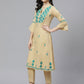 ADA Women Beige & Teal Green Chikankari Embroidered Sustainable Handloom Kurta with Trousers | Swadesiicart