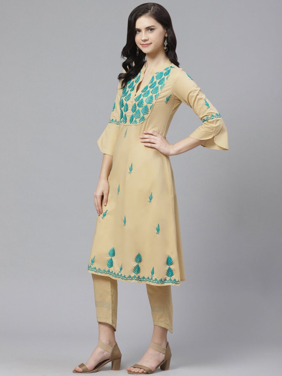 ADA Women Beige & Teal Green Chikankari Embroidered Sustainable Handloom Kurta with Trousers | Swadesiicart