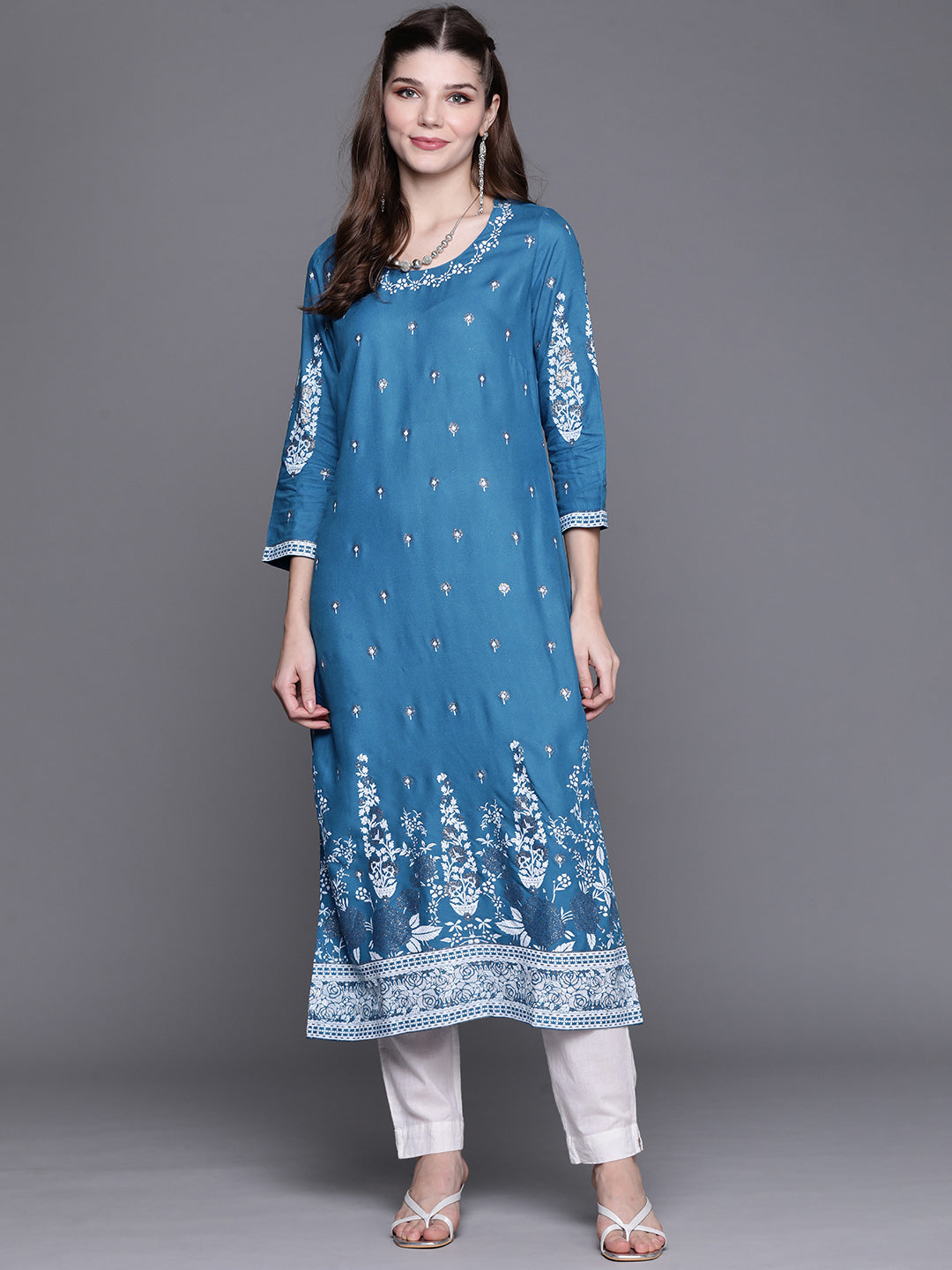 Biba Women Blue & White Ethnic Motifs Printed Assorted Kurta - Swadesiicart