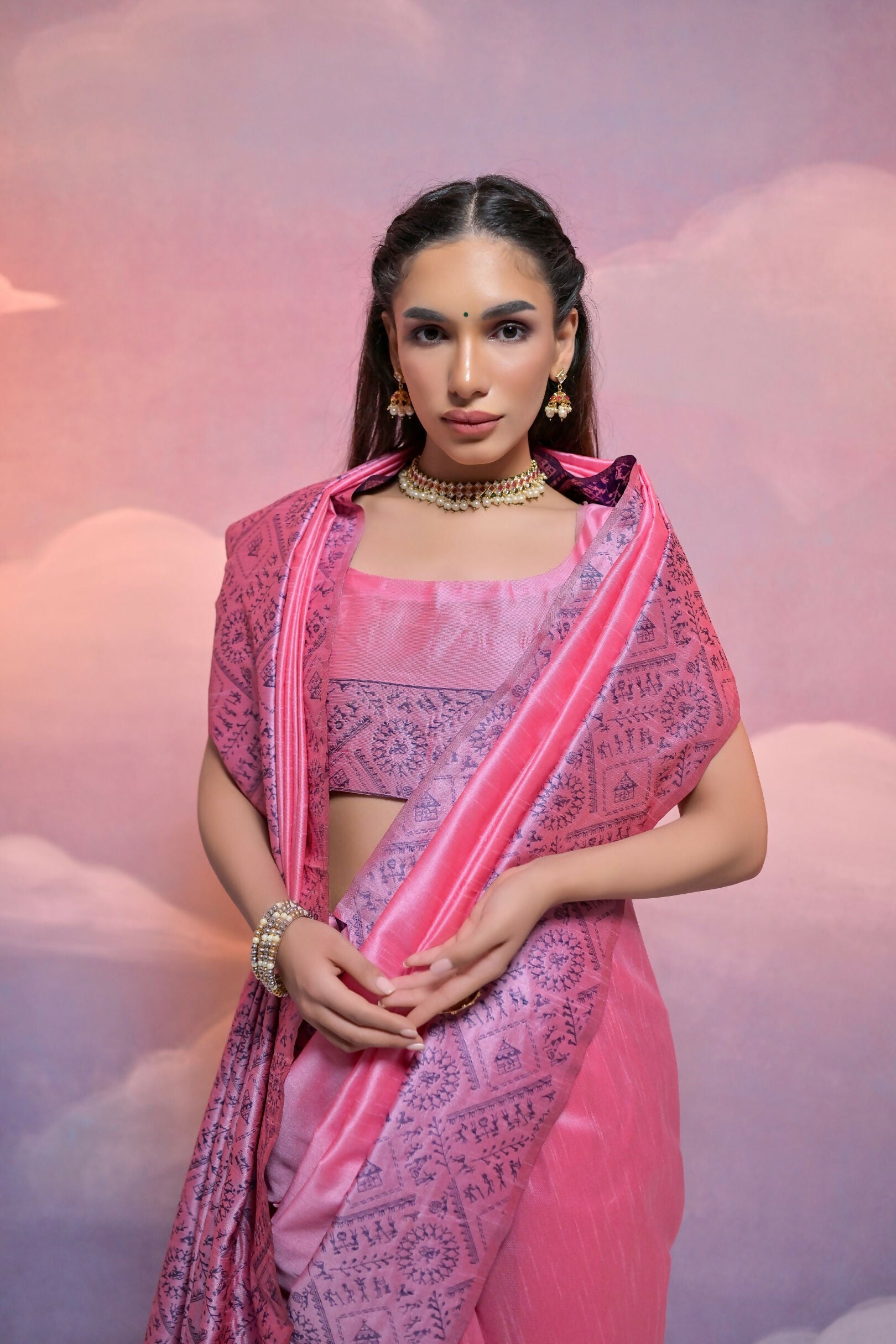 Vishnu Weaves Women's Baby-Pink Handloom Raw Silk Woven Border Saree with Blouse - Swadesiicart