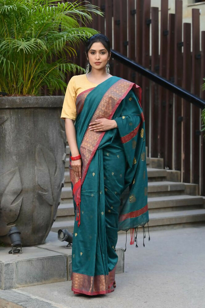 Beatitude Green Cotton Banarasi Saree | Swadesiicart