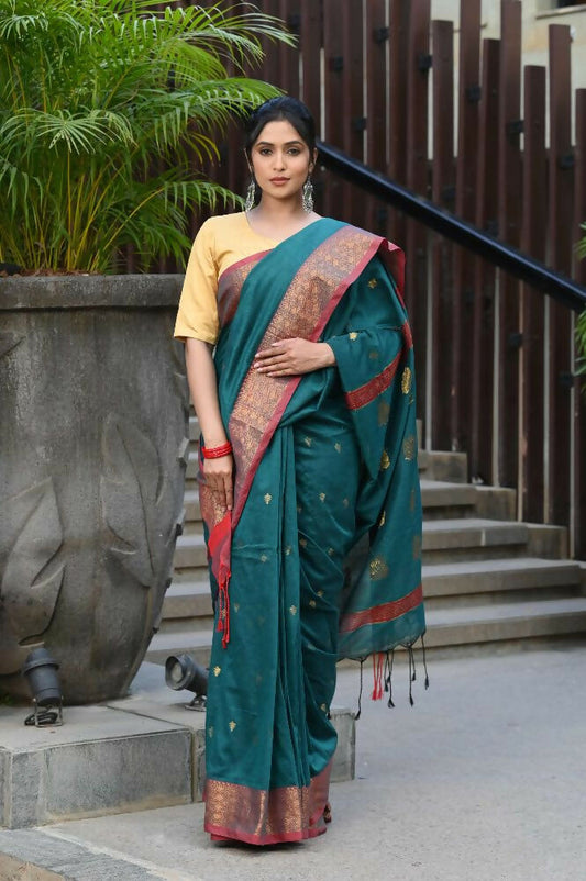 Beatitude Green Cotton Banarasi Saree | Swadesiicart