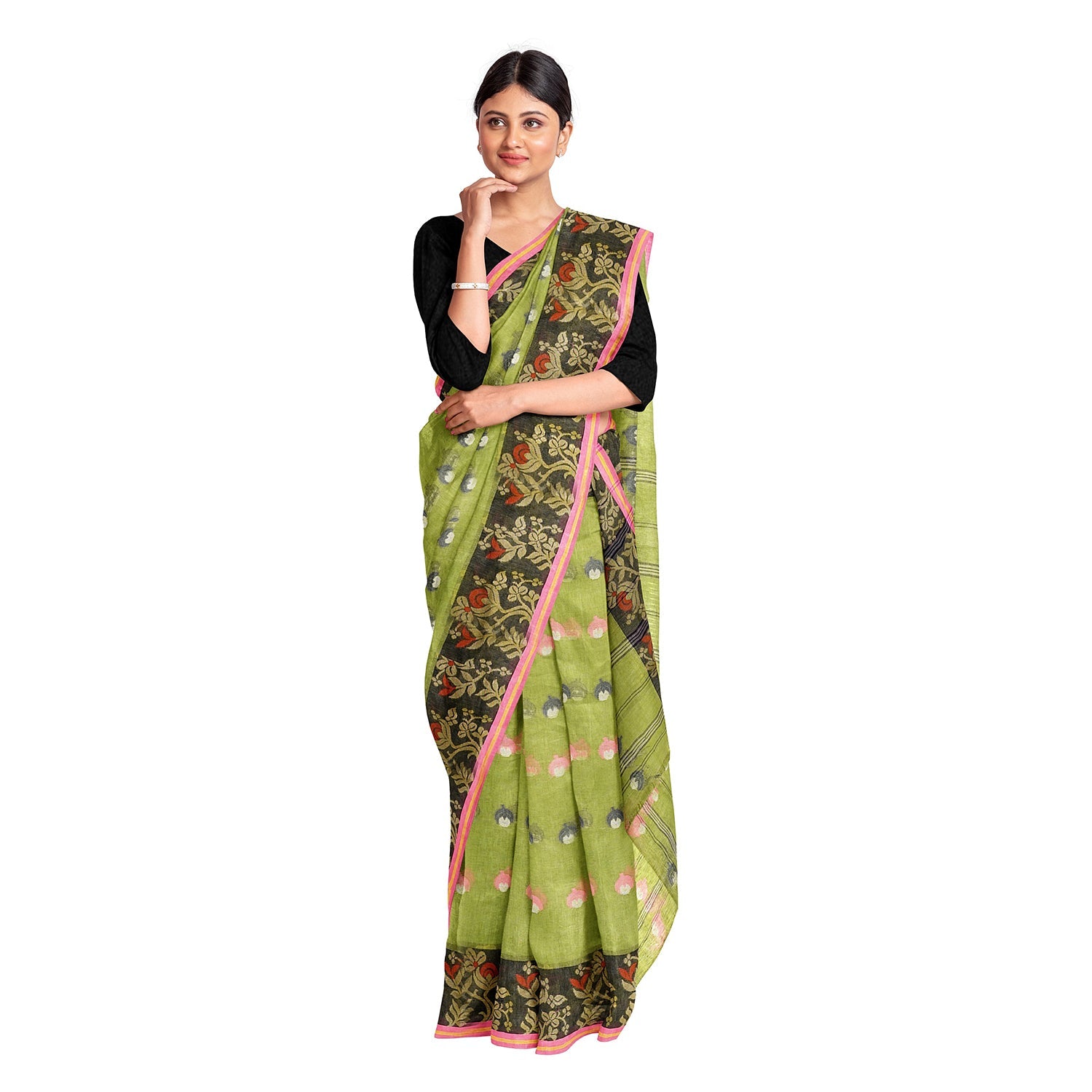 Exclusive Collection 100% Pure Cotton Olive Tant Saree With Hand Weaving Work - Swadesiicart