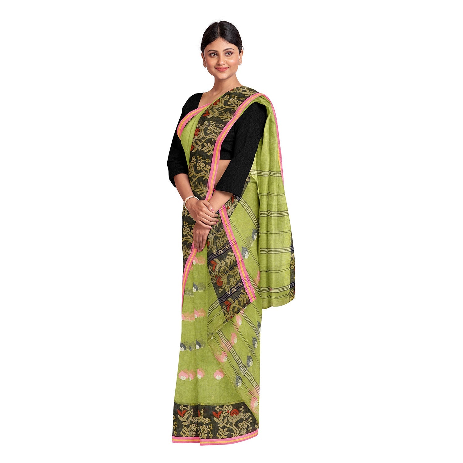 Exclusive Collection 100% Pure Cotton Olive Tant Saree With Hand Weaving Work - Swadesiicart