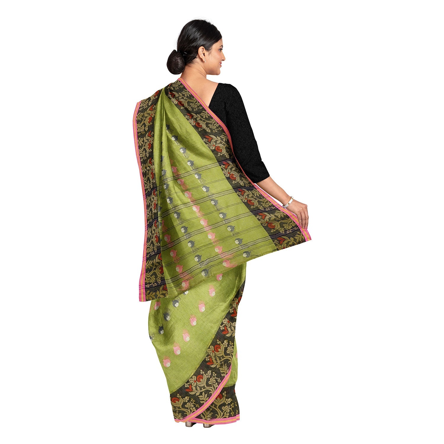 Exclusive Collection 100% Pure Cotton Olive Tant Saree With Hand Weaving Work - Swadesiicart