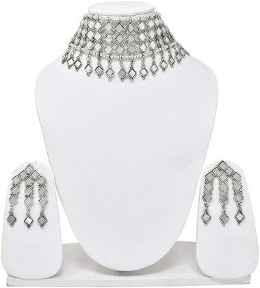 Tehzeeb Creations Women's Silver Colour Oxidised Necklace Set With Mirror Design - Swadesiicart