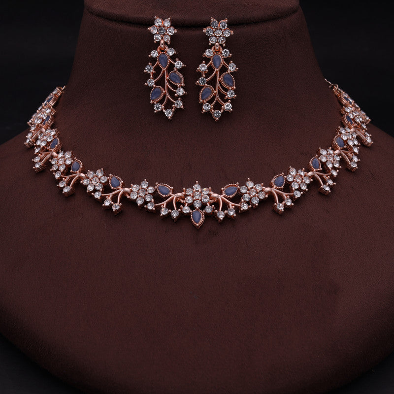 Tehzeeb Creations Rose Gold Pleated White Diamond With Blue Beads Necklace Set - Swadesiicart