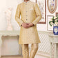Raivat Ethnic Banarasi Jacquard Embroidery Semi Indo Western Sherwani In Cream Colour | Swadesiicart