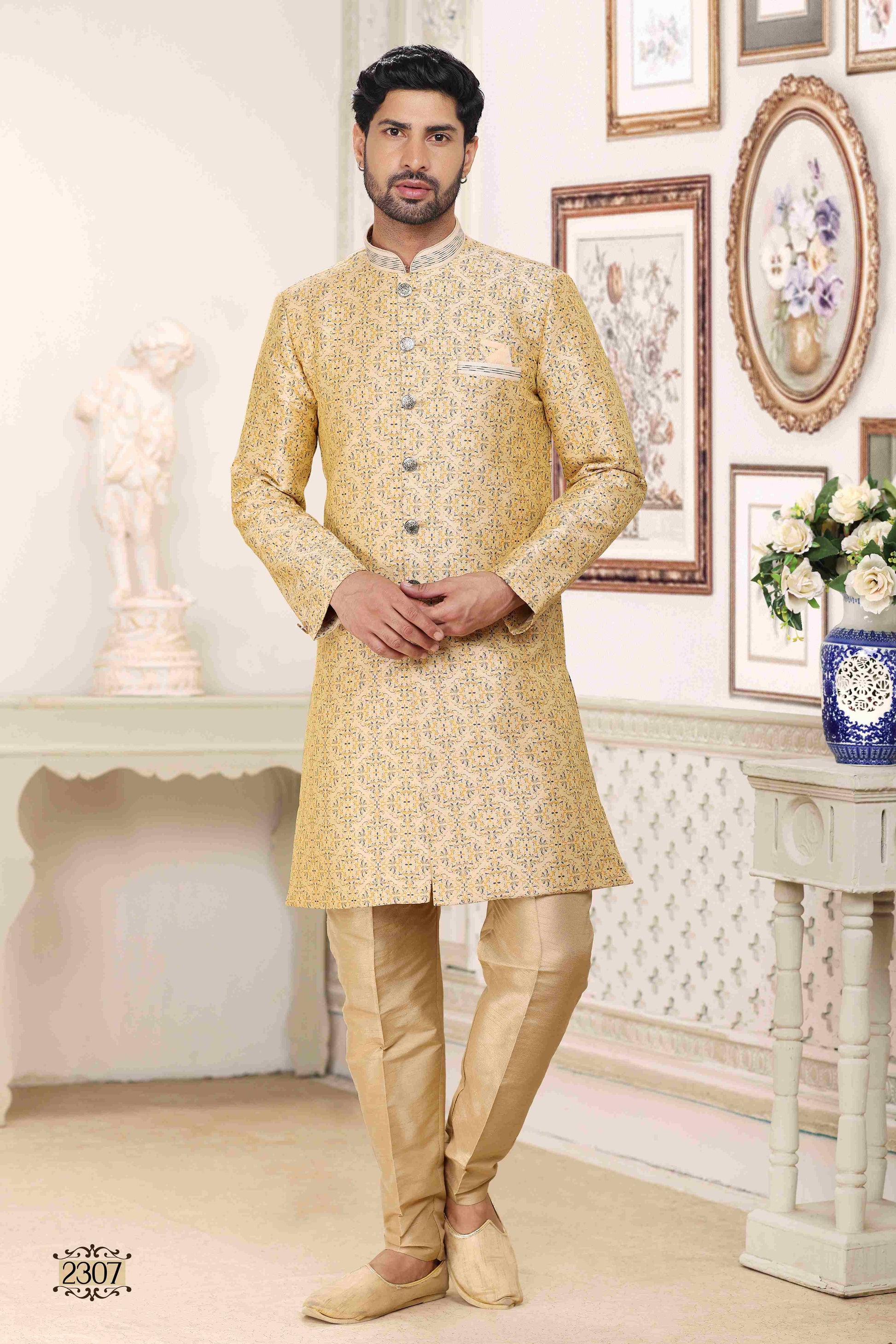 Raivat Ethnic Banarasi Jacquard Embroidery Semi Indo Western Sherwani In Cream Colour | Swadesiicart