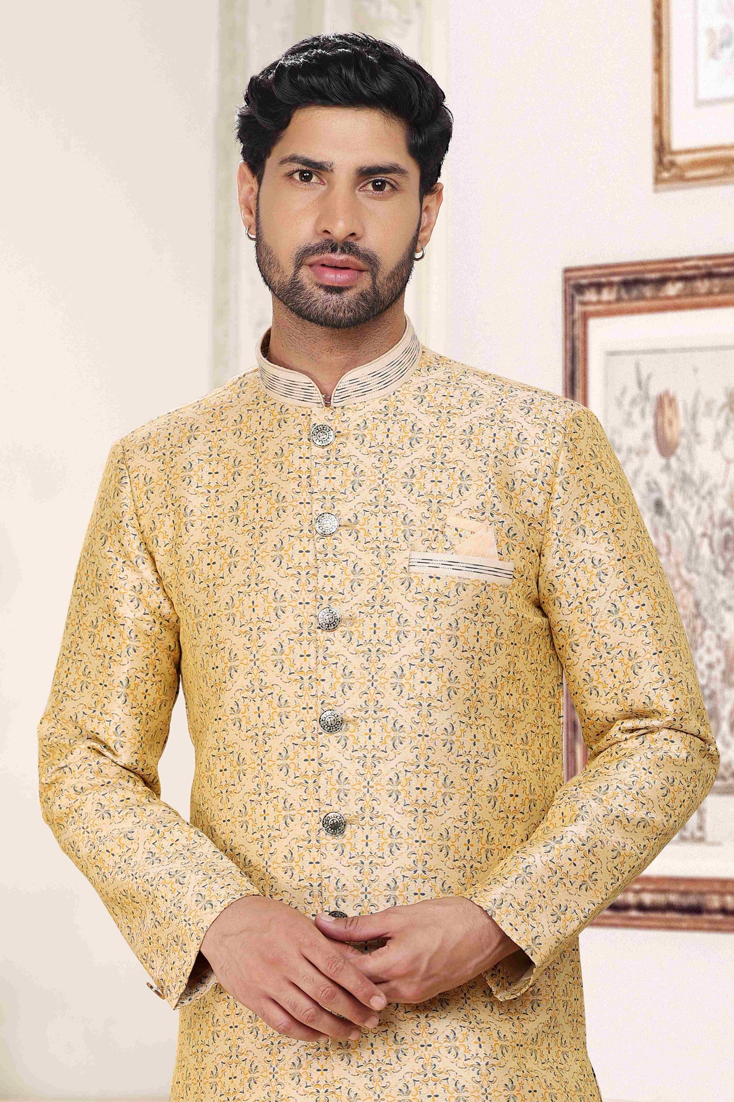 Raivat Ethnic Banarasi Jacquard Embroidery Semi Indo Western Sherwani In Cream Colour | Swadesiicart