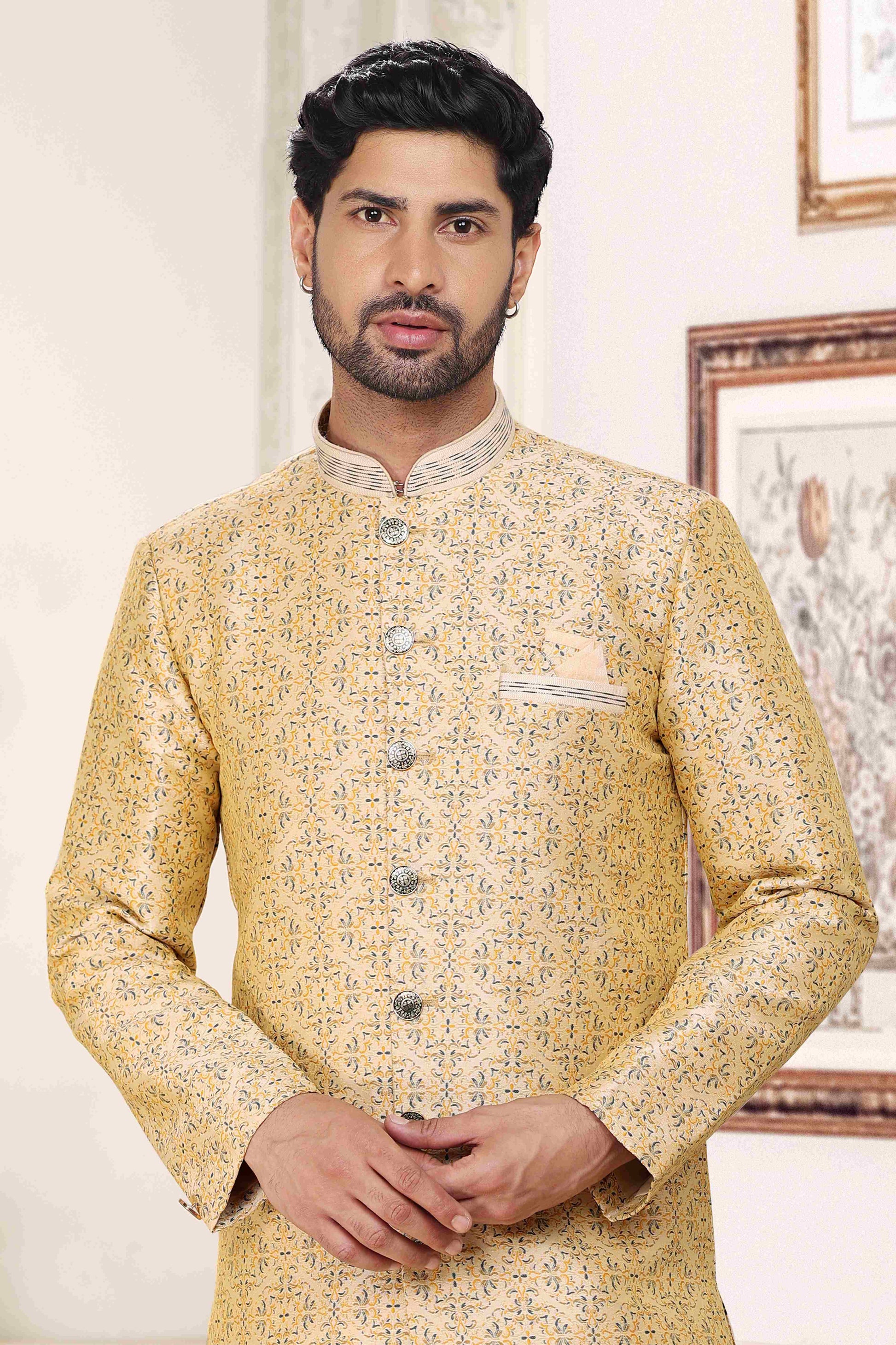 Raivat Ethnic Banarasi Jacquard Embroidery Semi Indo Western Sherwani In Cream Colour | Swadesiicart