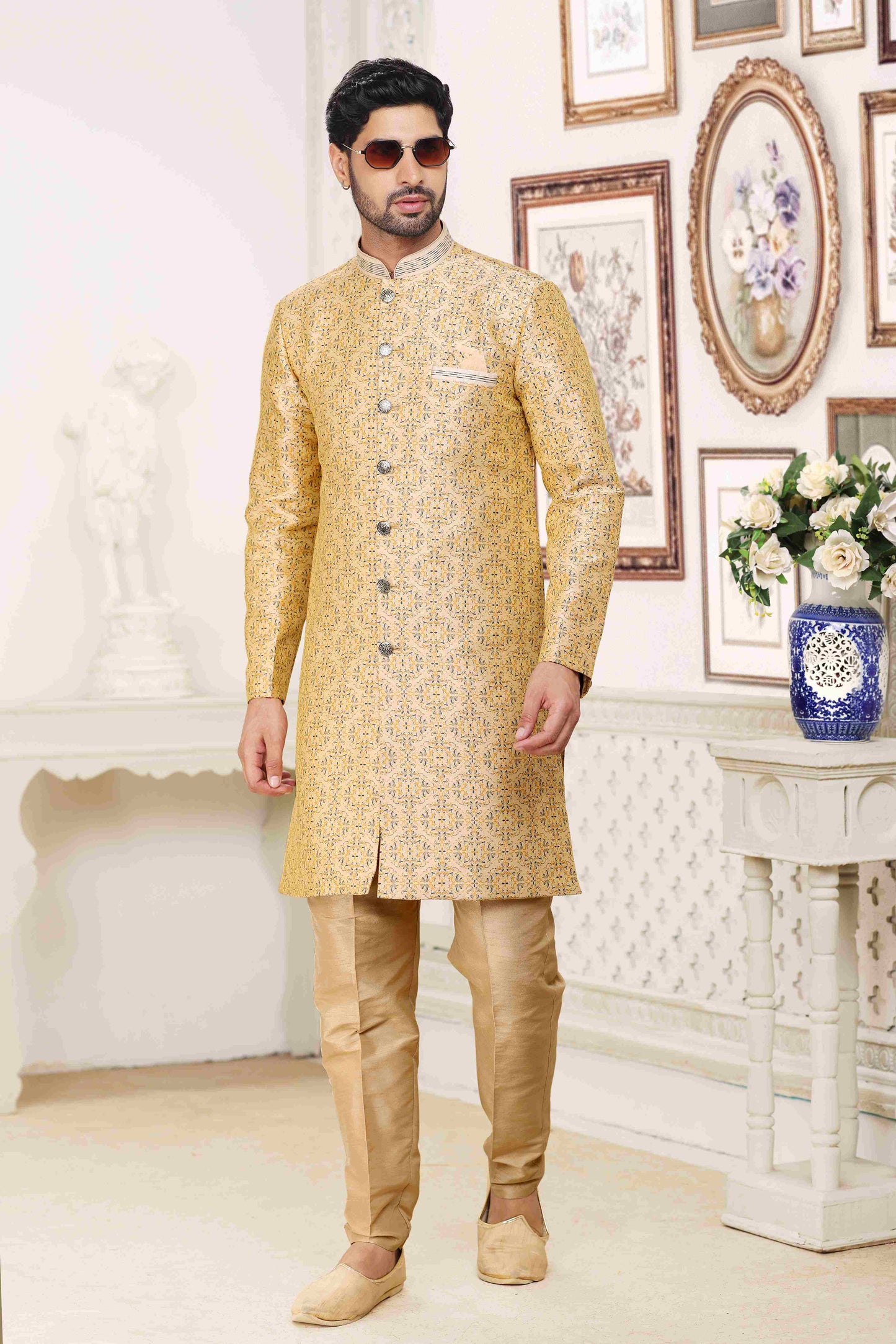 Raivat Ethnic Banarasi Jacquard Embroidery Semi Indo Western Sherwani In Cream Colour | Swadesiicart