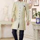 Raivat Ethnic Banarasi Jacquard Embroidery Semi Indo Western Sherwani In Cream Blue Colour | Swadesiicart