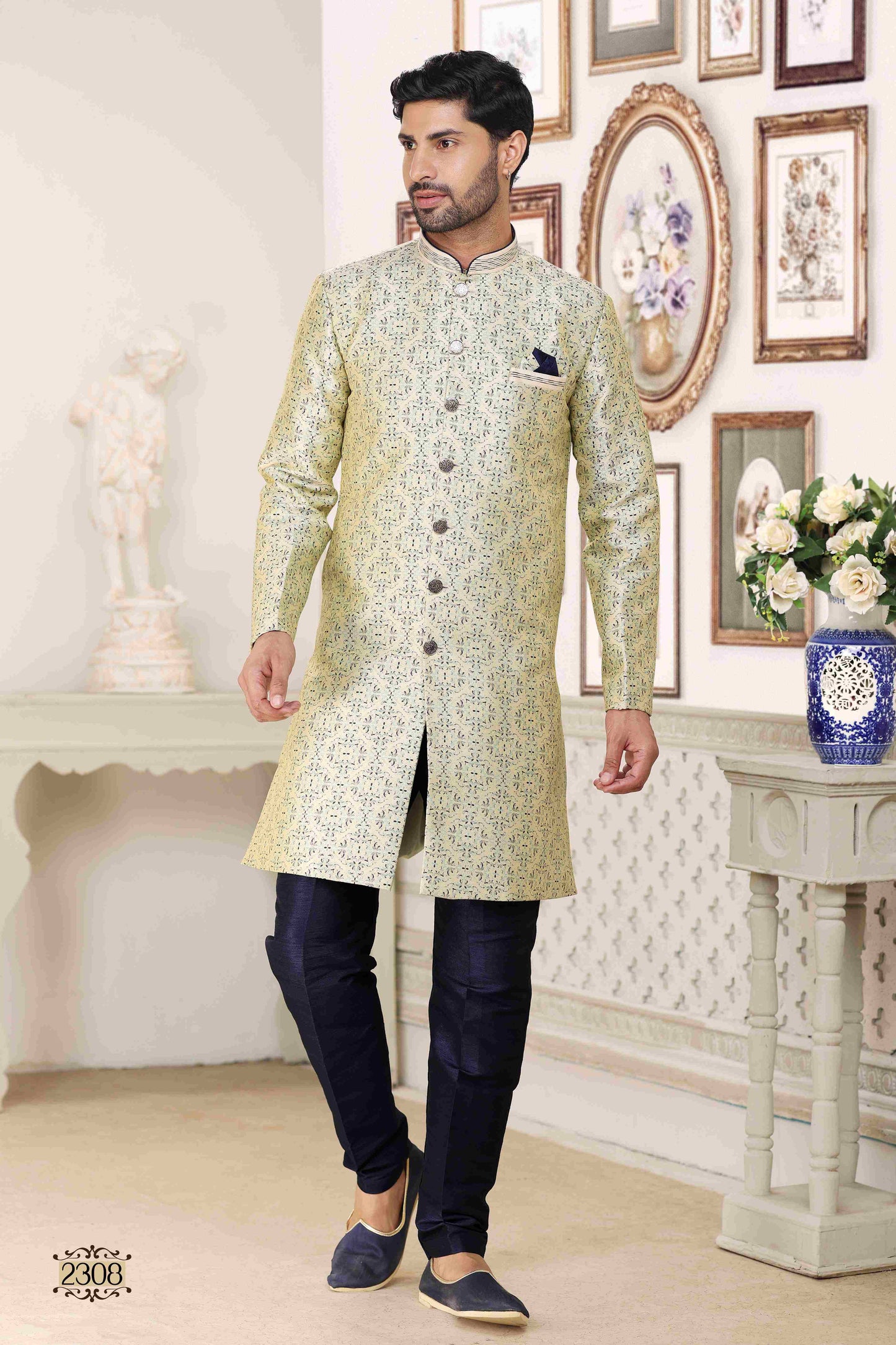 Raivat Ethnic Banarasi Jacquard Embroidery Semi Indo Western Sherwani In Cream Blue Colour | Swadesiicart