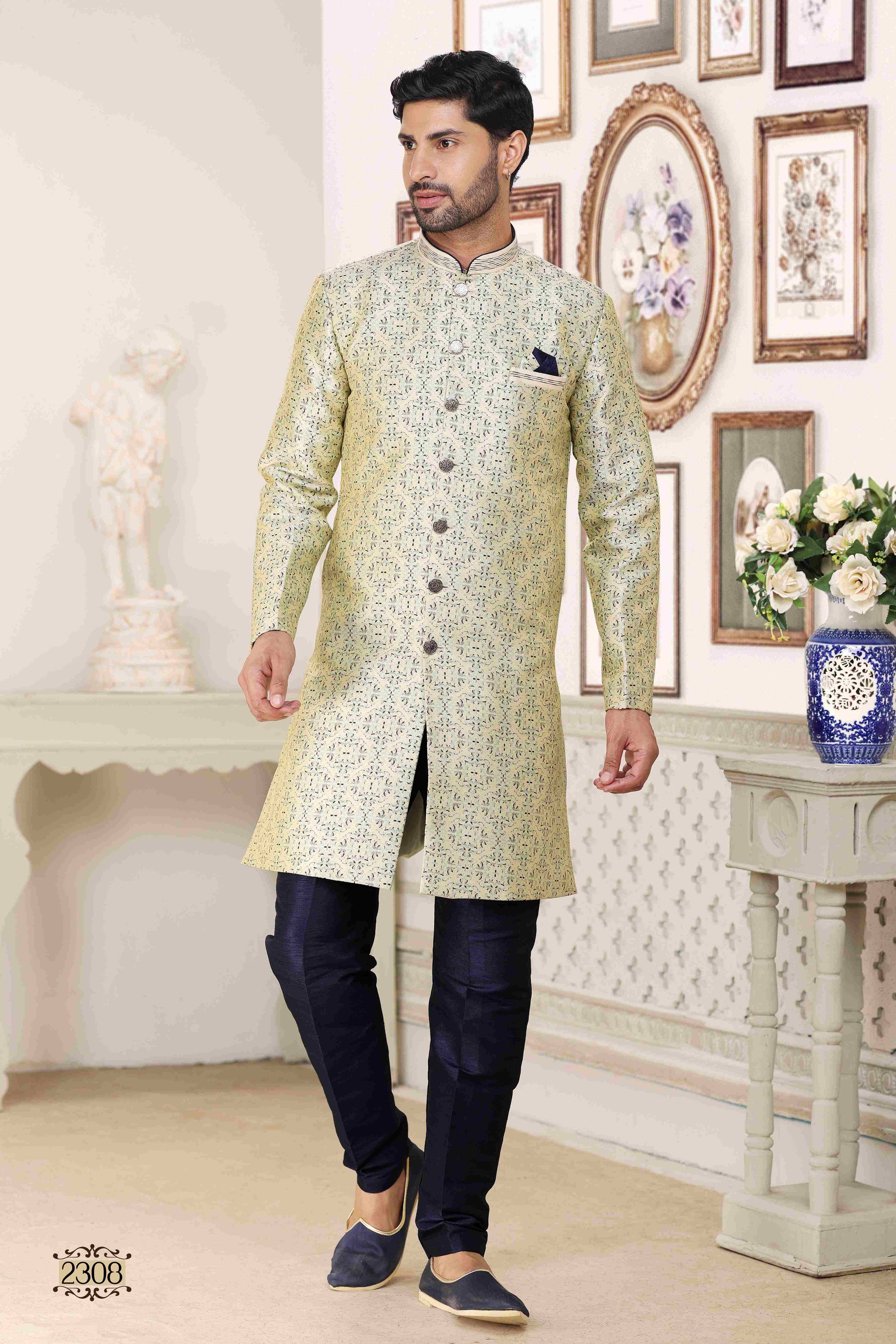 Raivat Ethnic Banarasi Jacquard Embroidery Semi Indo Western Sherwani In Cream Blue Colour | Swadesiicart