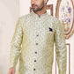 Raivat Ethnic Banarasi Jacquard Embroidery Semi Indo Western Sherwani In Cream Blue Colour | Swadesiicart