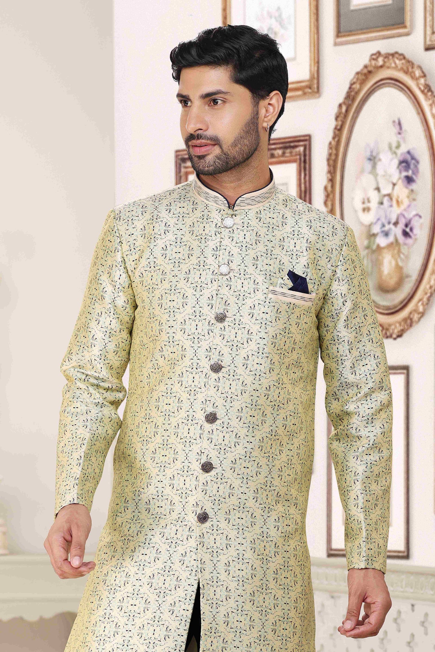 Raivat Ethnic Banarasi Jacquard Embroidery Semi Indo Western Sherwani In Cream Blue Colour | Swadesiicart
