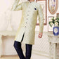 Raivat Ethnic Banarasi Jacquard Embroidery Semi Indo Western Sherwani In Cream Blue Colour | Swadesiicart
