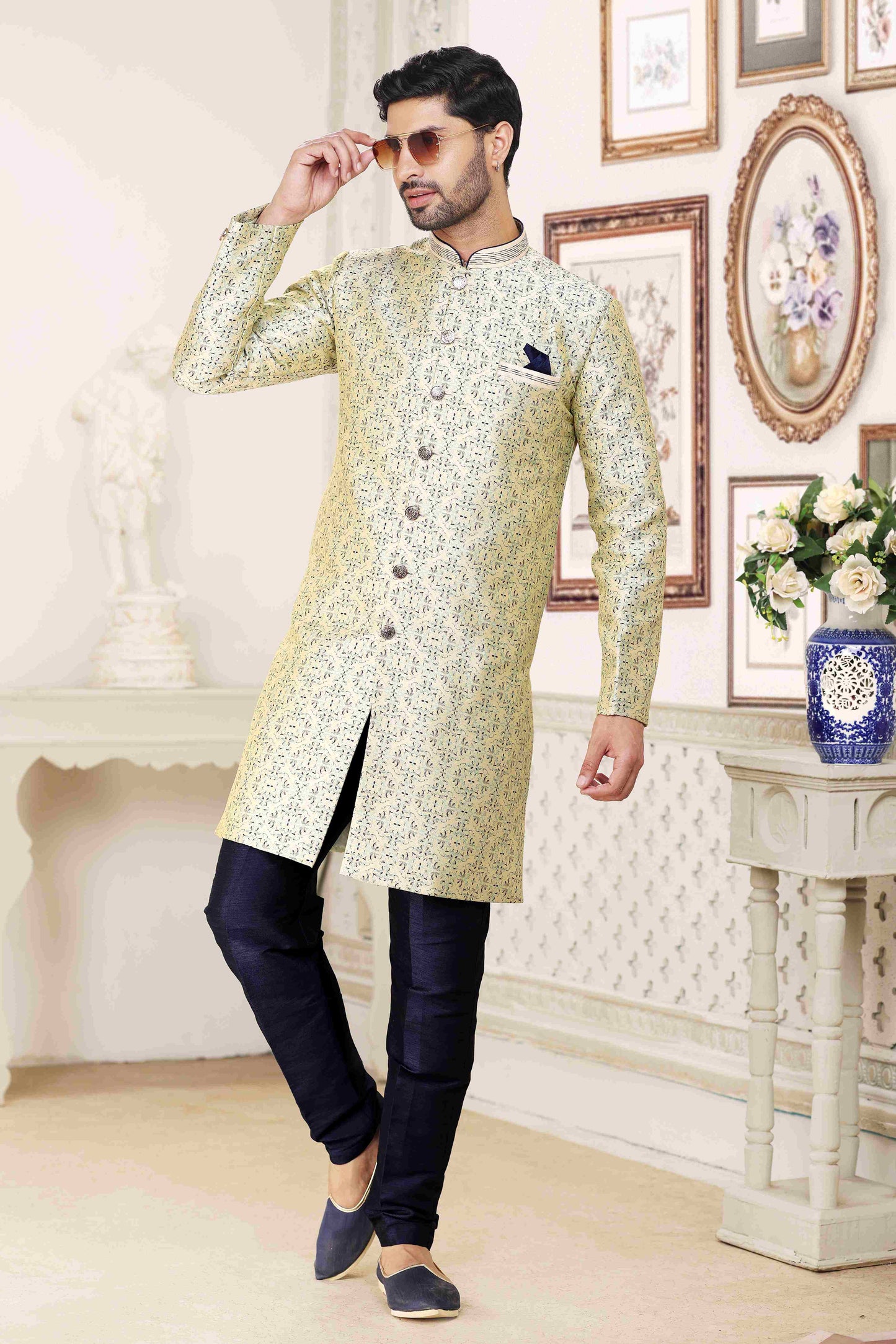 Raivat Ethnic Banarasi Jacquard Embroidery Semi Indo Western Sherwani In Cream Blue Colour | Swadesiicart