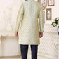 Raivat Ethnic Banarasi Jacquard Embroidery Semi Indo Western Sherwani In Cream Blue Colour | Swadesiicart