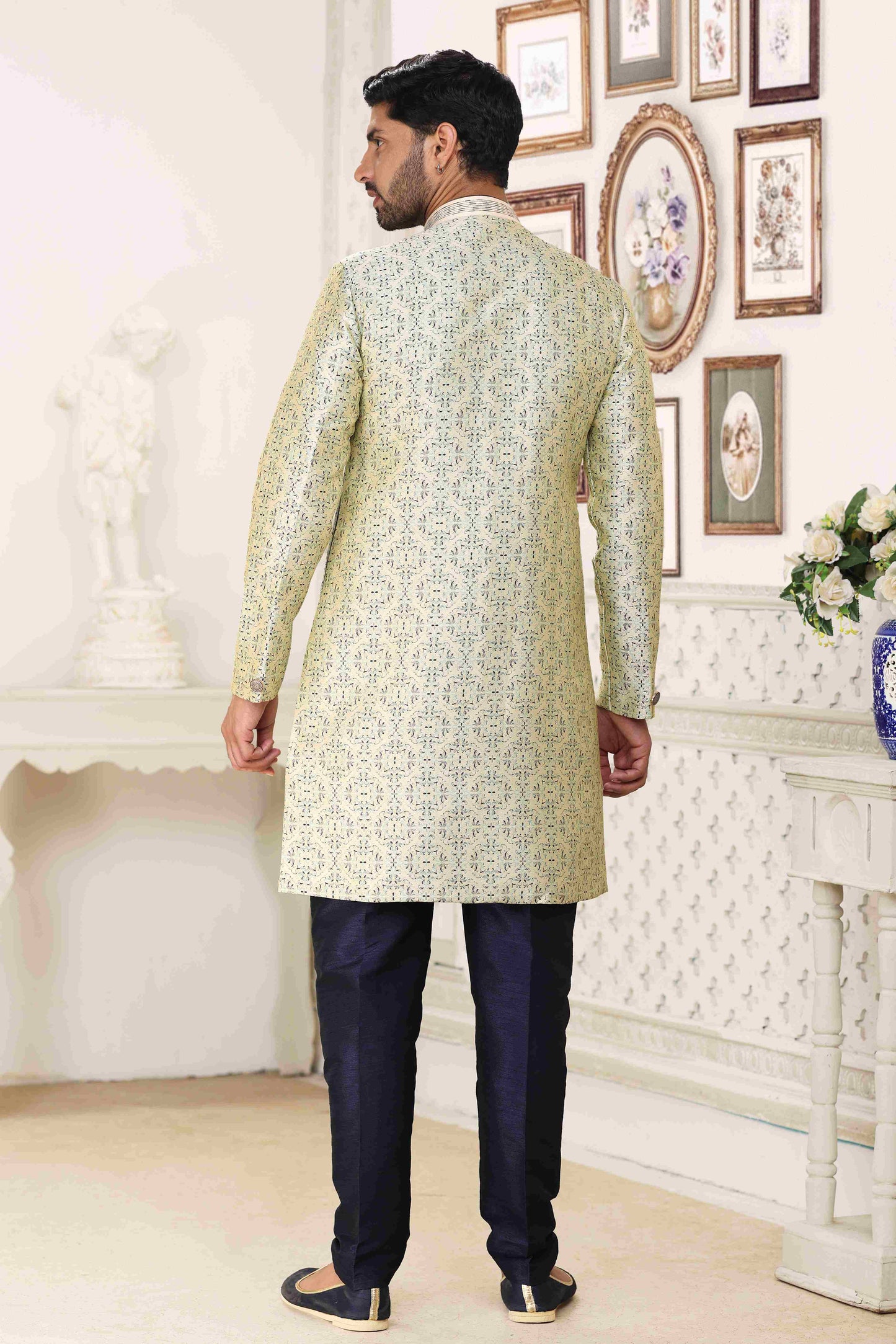 Raivat Ethnic Banarasi Jacquard Embroidery Semi Indo Western Sherwani In Cream Blue Colour | Swadesiicart