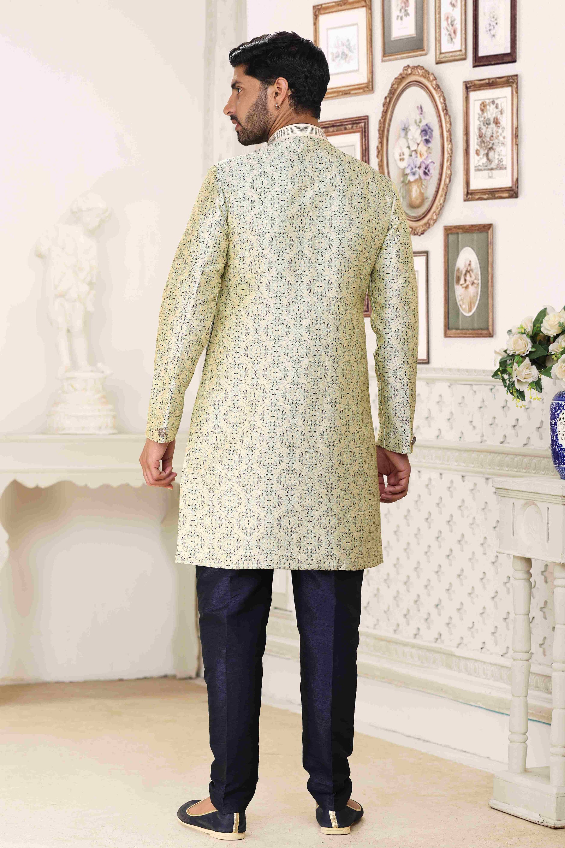 Raivat Ethnic Banarasi Jacquard Embroidery Semi Indo Western Sherwani In Cream Blue Colour | Swadesiicart
