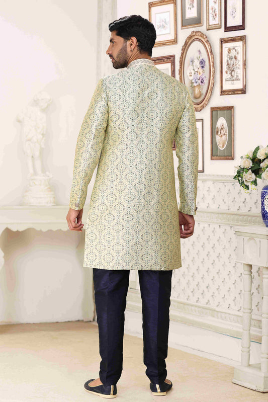 Raivat Ethnic Banarasi Jacquard Embroidery Semi Indo Western Sherwani In Cream Blue Colour | Swadesiicart