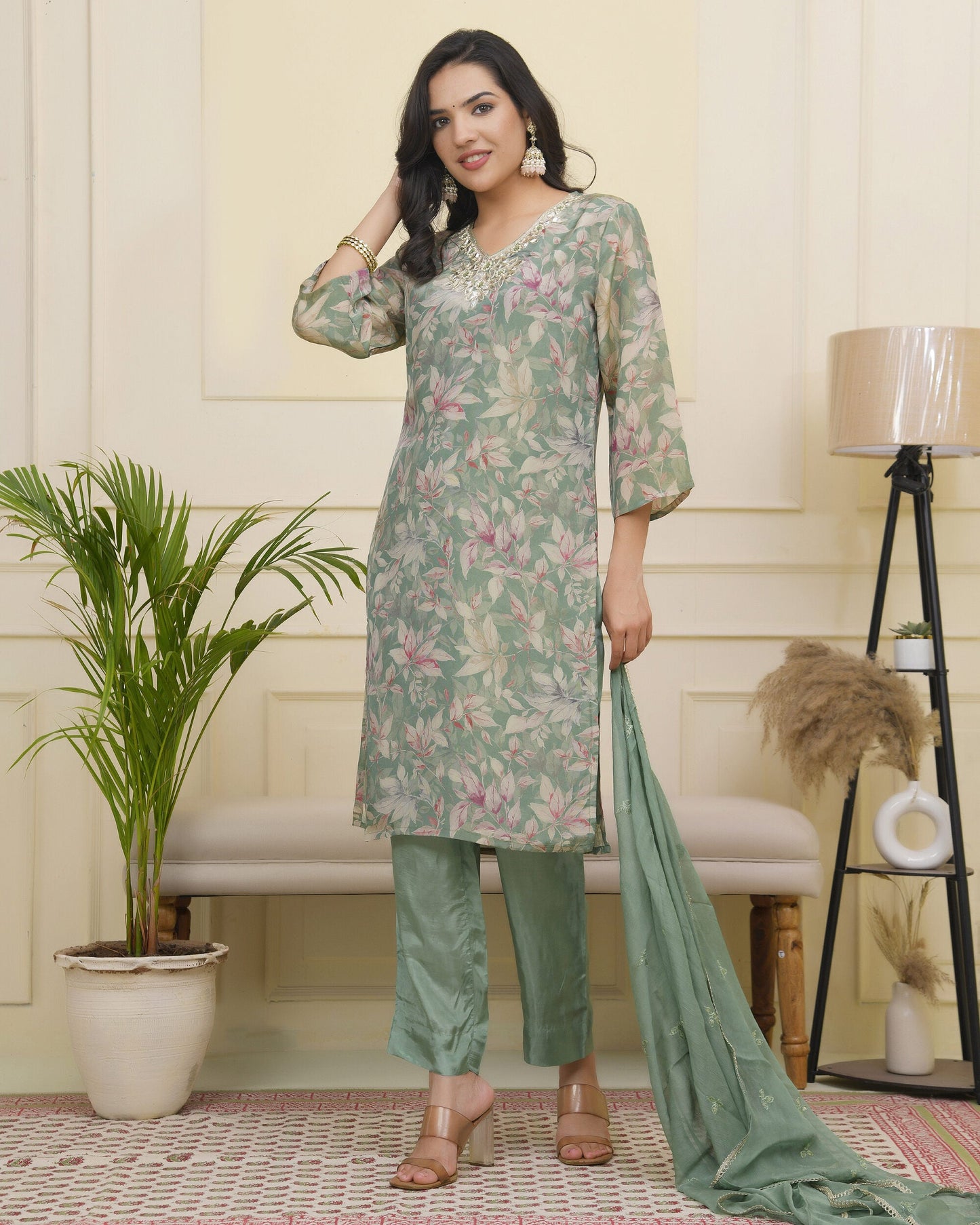 Vaasva Women Green Tissue Shimmer Kurta With Silk Pant & Dupatta | Swadesiicart
