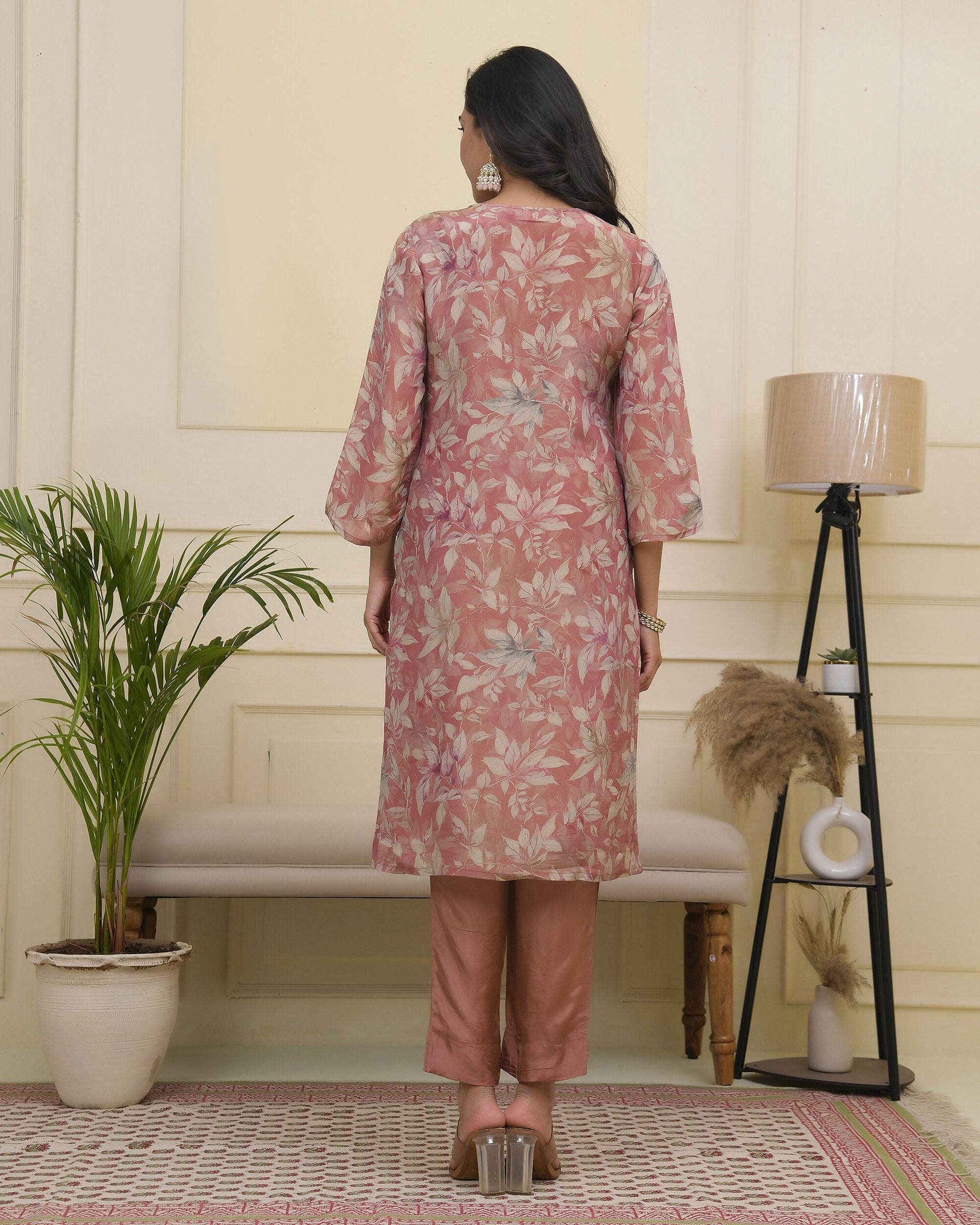 Vaasva Women Pink Tissue Shimmer Kurta With Silk Pant & Dupatta | Swadesiicart