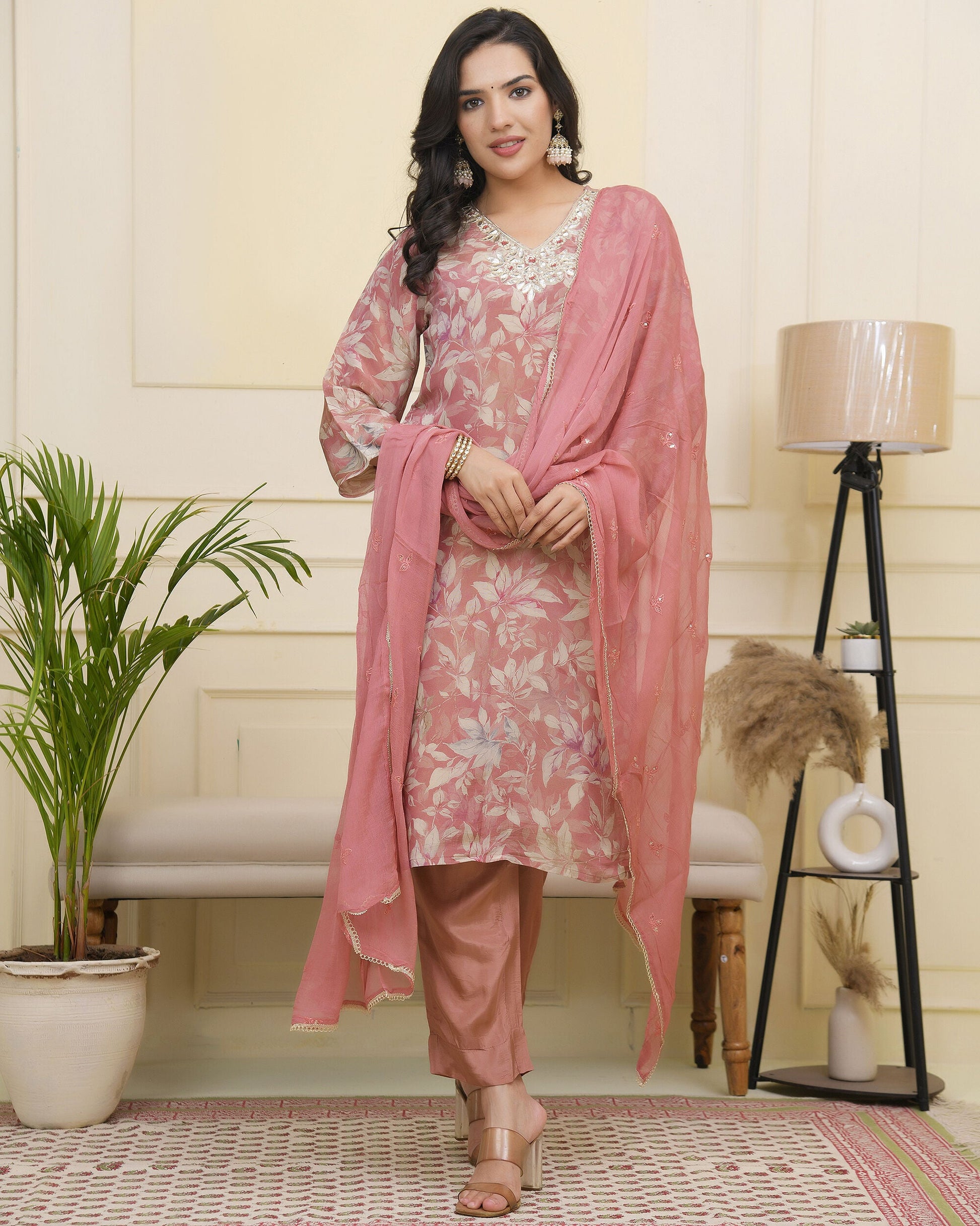 Vaasva Women Pink Tissue Shimmer Kurta With Silk Pant & Dupatta | Swadesiicart