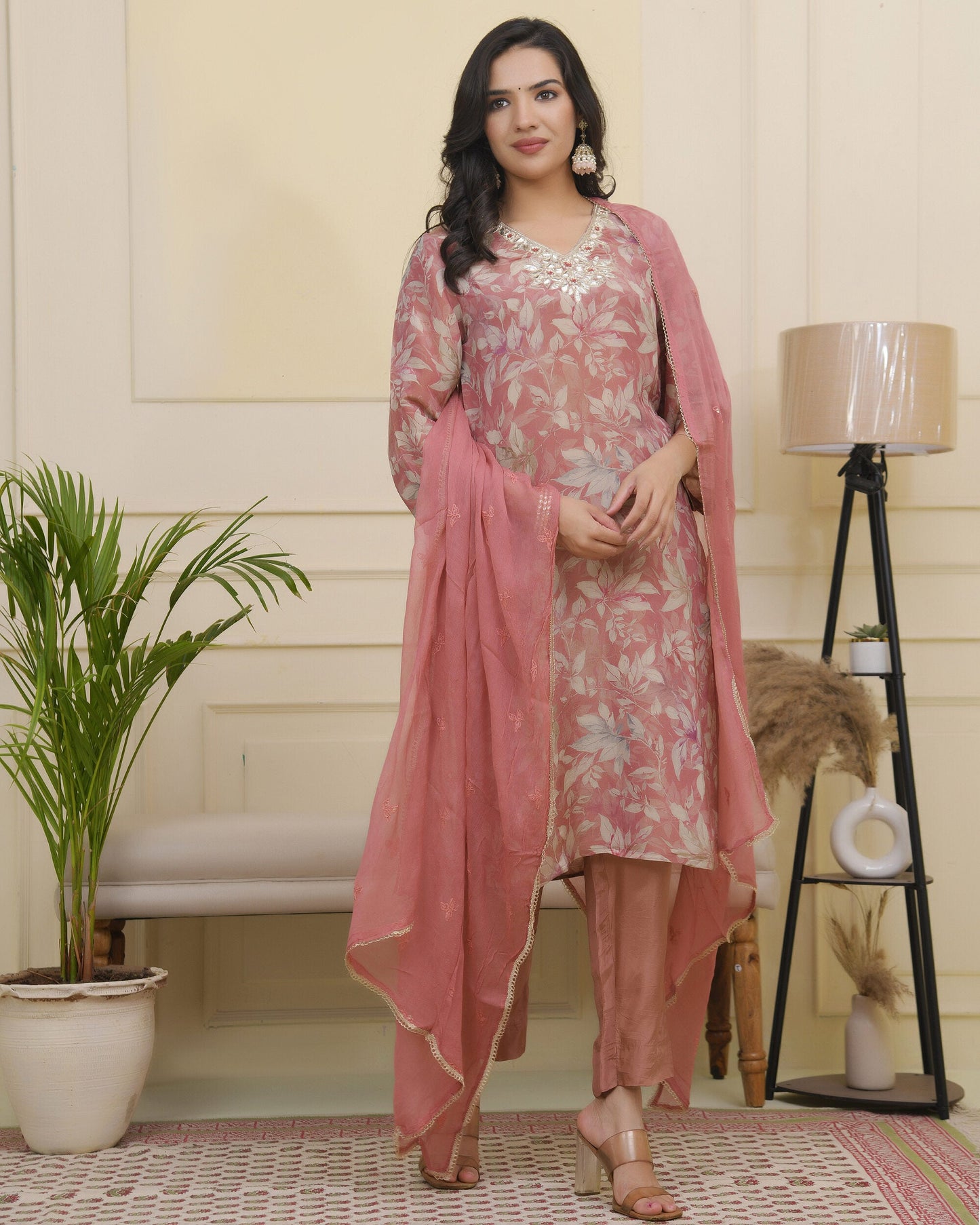 Vaasva Women Pink Tissue Shimmer Kurta With Silk Pant & Dupatta | Swadesiicart