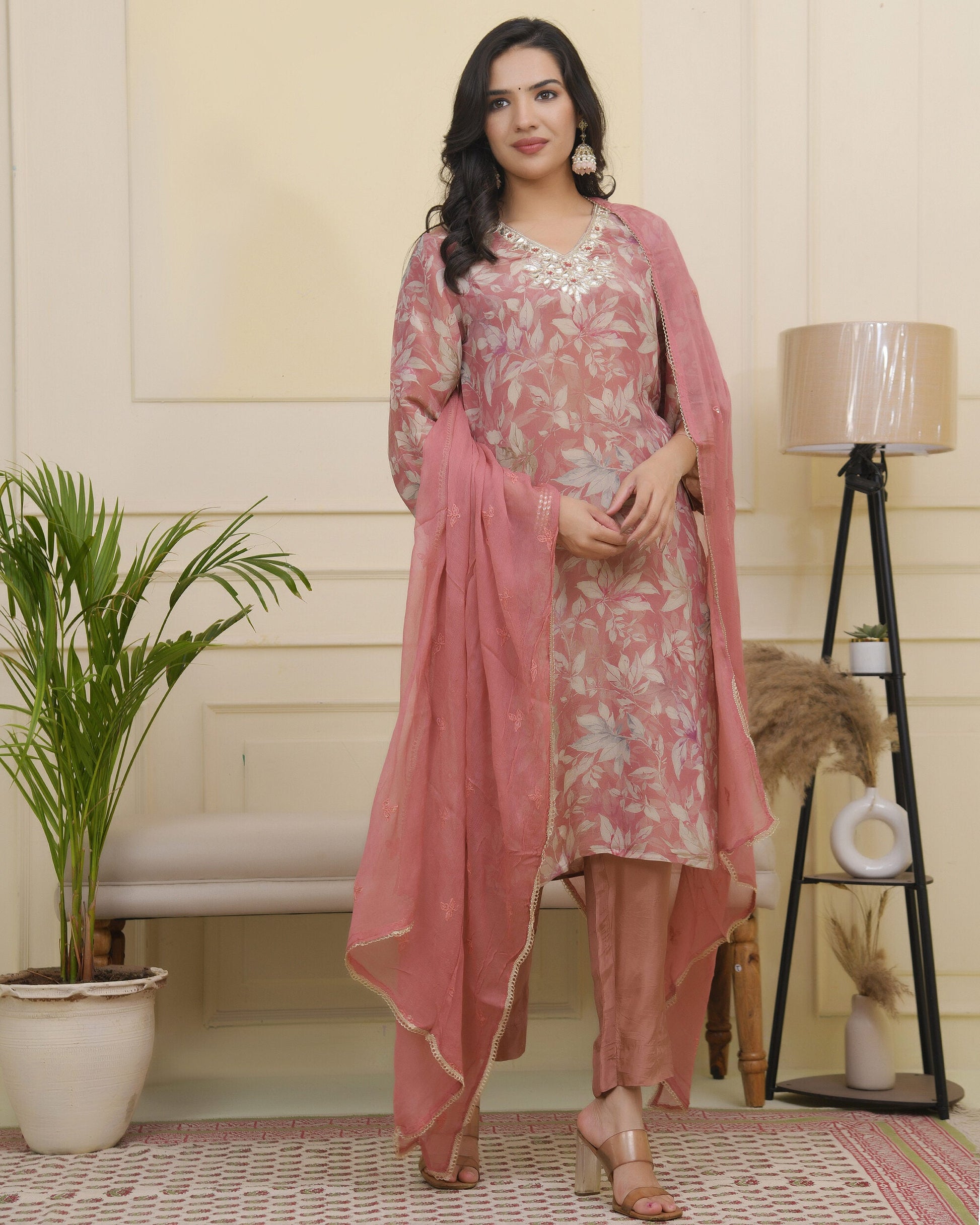 Vaasva Women Pink Tissue Shimmer Kurta With Silk Pant & Dupatta | Swadesiicart