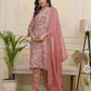 Vaasva Women Pink Tissue Shimmer Kurta With Silk Pant & Dupatta | Swadesiicart
