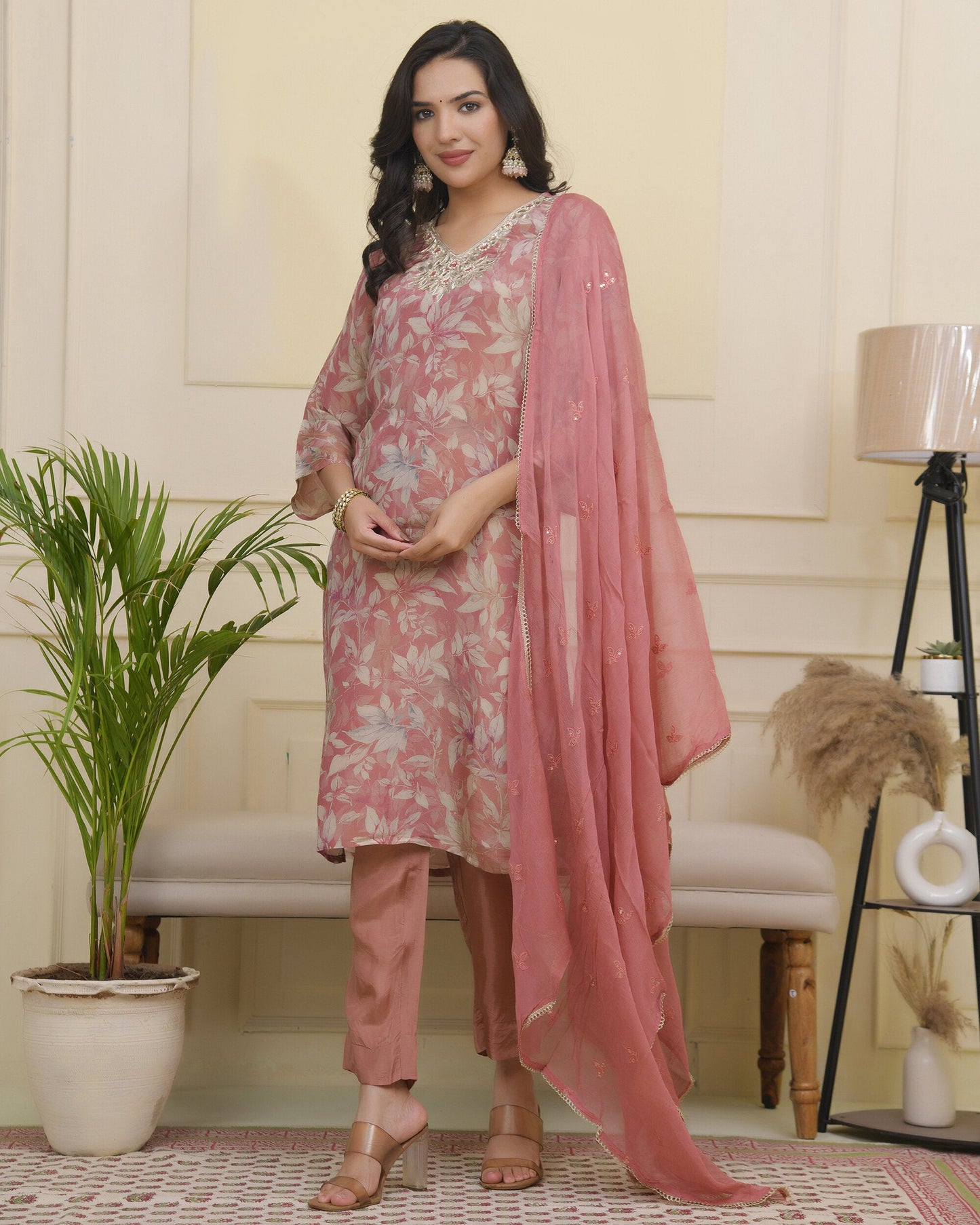 Vaasva Women Pink Tissue Shimmer Kurta With Silk Pant & Dupatta | Swadesiicart
