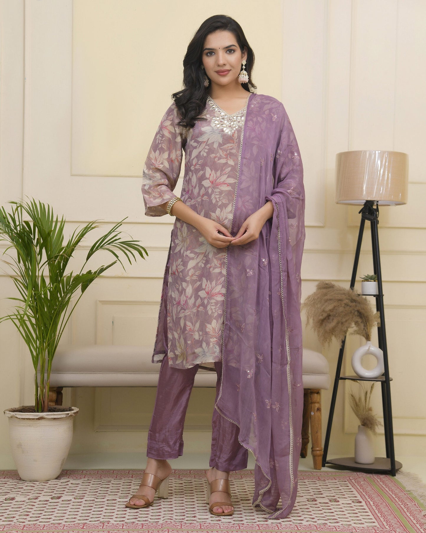 Vaasva Women Lavender Tissue Shimmer Kurta With Silk Pant & Dupatta | Swadesiicart