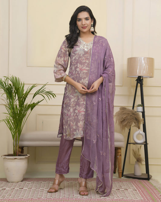 Vaasva Women Lavender Tissue Shimmer Kurta With Silk Pant & Dupatta | Swadesiicart
